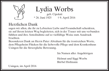 Traueranzeige von Lydia Worbs von  Usinger Anzeiger