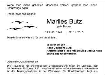 Traueranzeige von Marlies Butz von  Allgemeine  Zeitung Ingelheim-Bingen