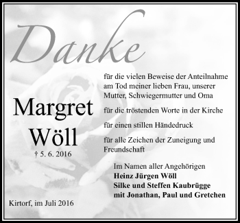 Traueranzeige von Margret Wöll von  OK Oberhessen Kurier