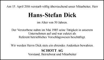 Traueranzeige von Hans-Stefan Dick von  Allgemeine Zeitung Alzey