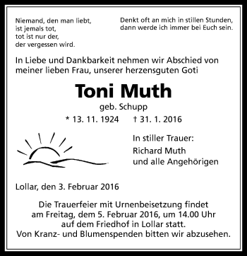 Traueranzeige von Toni Muth von  Gießener Anzeiger
