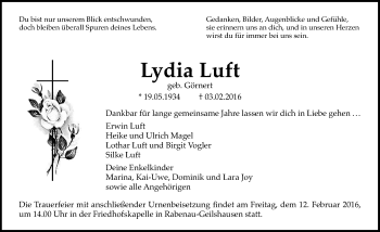 Traueranzeige von Lydia Luft von  Gießener Anzeiger