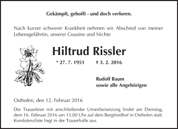 Traueranzeige von Hiltrud Rissler von  Wormser Zeitung