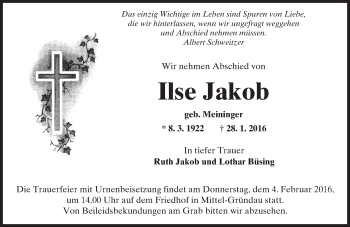 Traueranzeige von Ilse Jakob von  Gelnhäuser Tageblatt