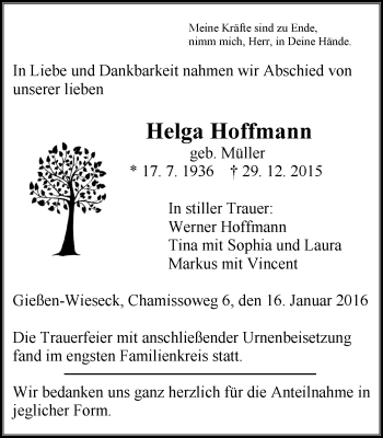 Traueranzeige von Helga Hoffmann von  Gießener Anzeiger