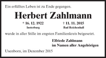 Traueranzeige von Herbert Zahlmann von  Kreisanzeiger