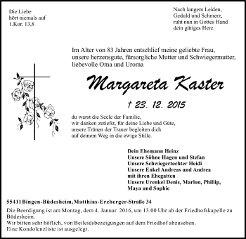 Traueranzeige von Margareta Kaster von  Allgemeine  Zeitung Ingelheim-Bingen