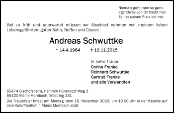 Traueranzeige von Andreas Schwuttke von  Allgemeine Zeitung Mainz