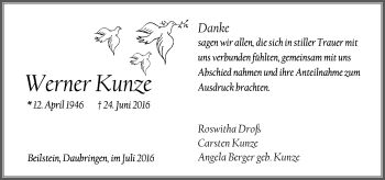 Traueranzeige von Werner Kunze von  Gießener Anzeiger