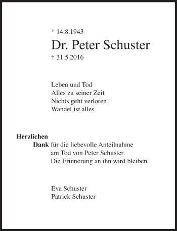 Traueranzeige von Peter Schuster von Trauerportal Rhein Main Presse