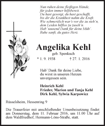 Traueranzeige von Angelika Kehl von  Mainspitze Traueranzeige von Angelika Kehl von  Mainspitze