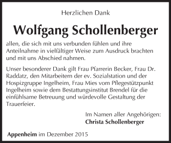Traueranzeige von Wolfgang Schollenberger von  Allgemeine  Zeitung Ingelheim-Bingen