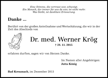 Traueranzeige von Werner Krög von  Allg. Zeitung Bad Kreuznach