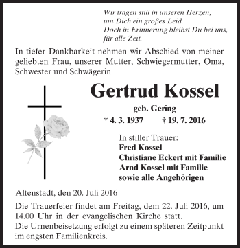 Traueranzeige von Gertrud Kossel von  Kreisanzeiger