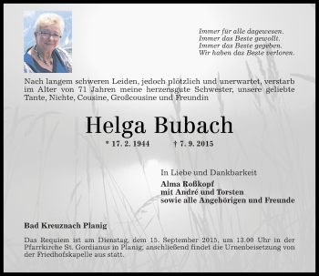 Traueranzeige von Helga Bubach von  Bad Kreuznach
