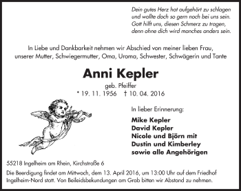 Traueranzeige von Anni Kepler von  Allgemeine  Zeitung Ingelheim-Bingen