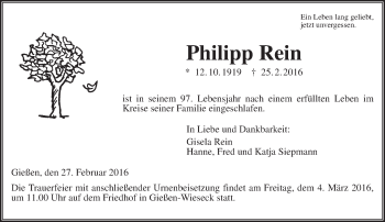 Traueranzeige von Philipp Rein von  Gießener Anzeiger