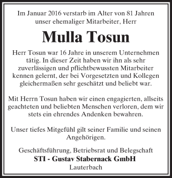 Traueranzeige von Mulla Tosun von VRM Trauer
