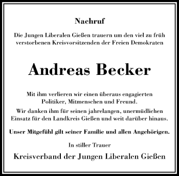 Traueranzeige von Andreas Becker von  Gießener Anzeiger
