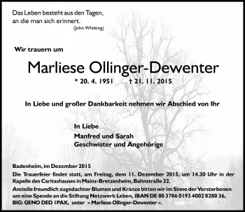 Traueranzeige von Marliese Ollinger-Dewenter von  Allg. Zeitung Bad Kreuznach