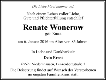 Traueranzeige von Renate Wonerow von  Wiesbaden komplett