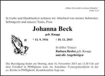 Traueranzeige von Johanna Beck von  Wormser Zeitung