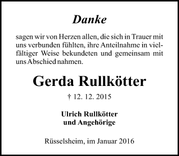 Traueranzeige von Gerda Rullkötter von  Mainspitze Traueranzeige von Gerda Rullkötter von  Mainspitze