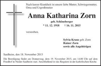 Traueranzeige von Anna Katharina Zorn von  Allgemeine Zeitung Alzey
