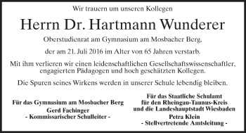 Traueranzeige von Hartmann Wunderer von Trauerportal Rhein Main Presse