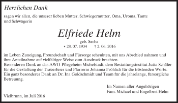 Traueranzeige von Elfriede Helm von Trauerportal Echo Online