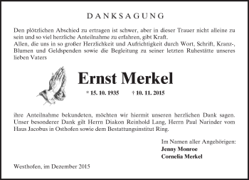 Traueranzeige von Ernst Merkel von  Wormser Zeitung