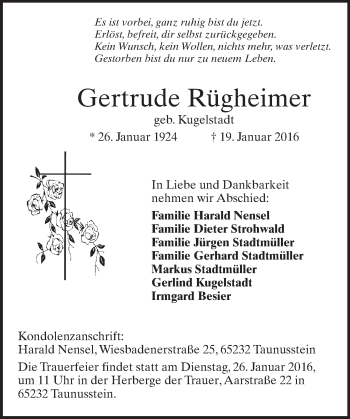 Traueranzeige von Gertrud Rügheimer von  WK-UTA/Aar-Bote
