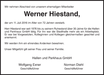 Traueranzeige von Werner Hiestand von Trauerportal Rhein Main Presse