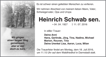 Traueranzeige von Heinrich Schwab von Trauerportal Echo Online