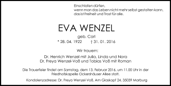 Traueranzeige von Eva Wenzel von  Kreisanzeiger