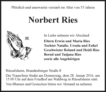 Traueranzeige von Norbert Ries von  Mainspitze