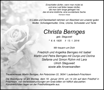 Traueranzeige von Christa Bernges von VRM Trauer