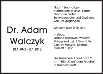Traueranzeige von Adam Walczyk von  Mainspitze