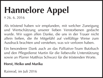 Traueranzeige von Hannelore Appel von  Kreisanzeiger