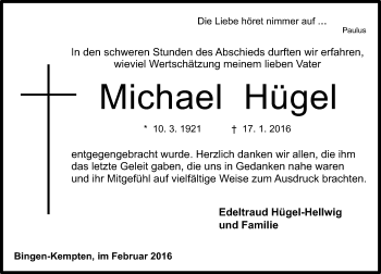 Traueranzeige von Michael Hügel von  Allgemeine  Zeitung Ingelheim-Bingen