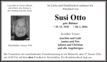 Traueranzeige von Susi Otto von  GT am Sonntag