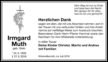 Traueranzeige von Irmgard Muth von VRM Trauer