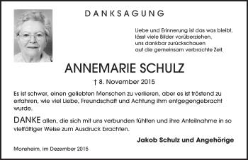 Traueranzeige von Annemarie Schulz von  Wormser Zeitung