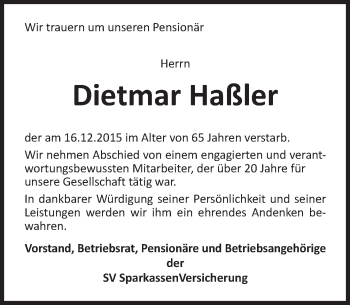 Traueranzeige von Dietmar Haßler von  Wiesbaden komplett
