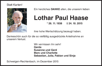 Traueranzeige von Lothar Paul Haase von  Allg. Zeitung Bad Kreuznach