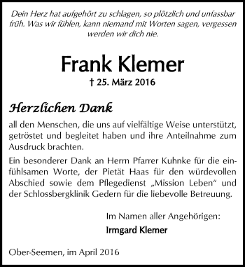 Traueranzeige von Frank Klemer von  Sonntags Anzeiger