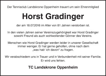 Traueranzeige von Horst Gradinger von Trauerportal Rhein Main Presse