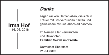Traueranzeige von Irma Hof von Trauerportal Echo Online