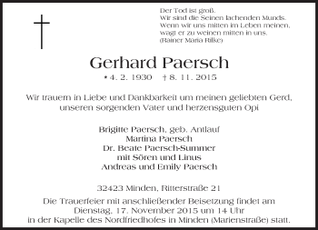 Traueranzeige von Gerhard Paersch von  Allgemeine  Zeitung Ingelheim-Bingen