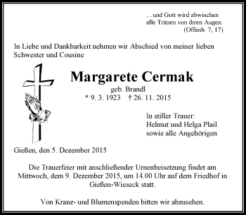 Traueranzeige von Margarete Cermak von  Gießener Anzeiger
